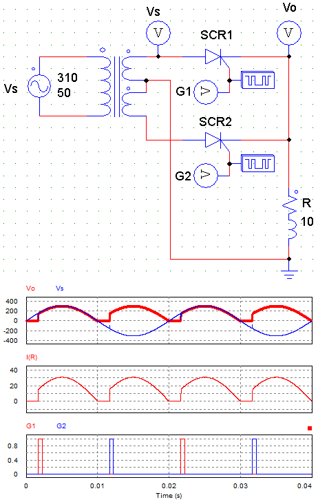 center tapped full wave rectifier using 2 SCR