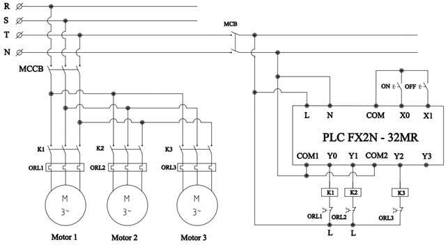 sequential motor control circuit using PLC