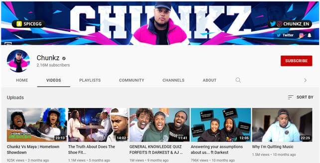 Chunkz's youtube account with over 2.1M subscribers 