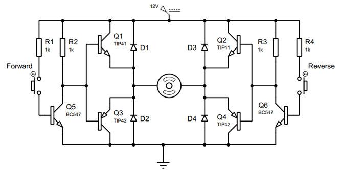 12v dc motor forward and reverse circuit using transistor